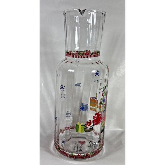 Jennifer Orkin Lewis Anthropologie Pitcher Carafe Christmas Clear Glass Painted - Picture 2 of 11